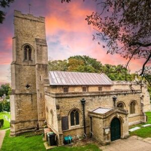Aerial Photograph Front Church Sunset