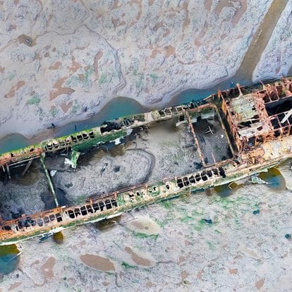 Birdseye Photograph Old Rusty Shipwreck
