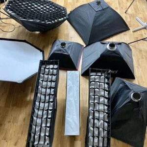 various photography lights on display